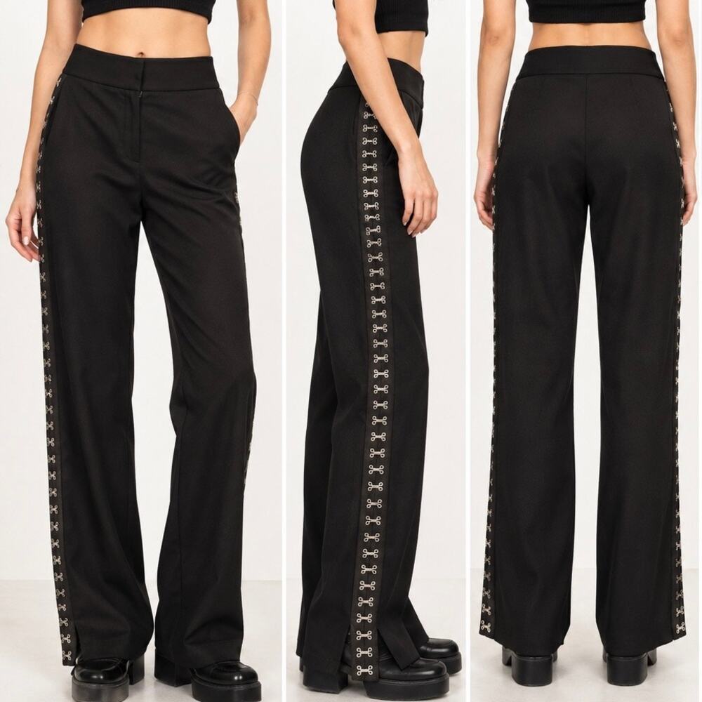 Vatanika Black Hook & Eye Side Trim Wide Leg Pants